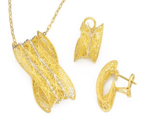 Złoty komplet ażurowe siatki z łańcuszkiem